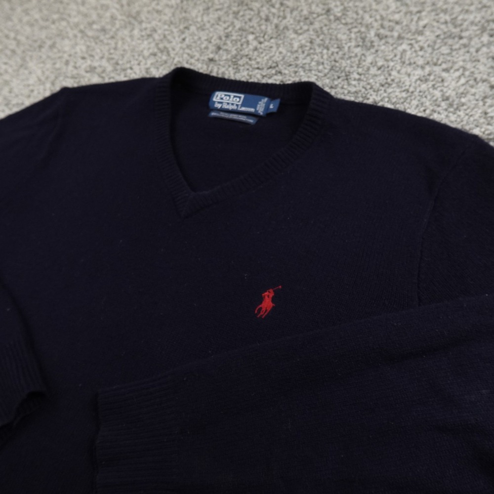 VTG Polo Ralph Lauren Sweater Mens L‎ Blue Pony Lambswool Pullover V Neck Preppy